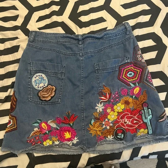 Spell Blue Denim A-Line Skirt with Colorful Embroidery - Picture 2 of 6